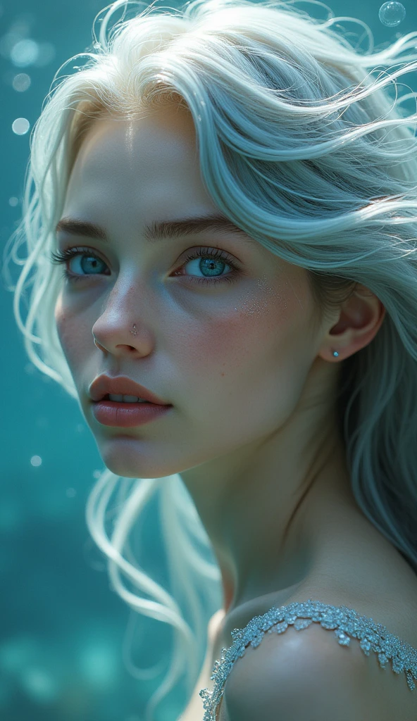 A mermaid with a silver hair and a blue eyes portrait