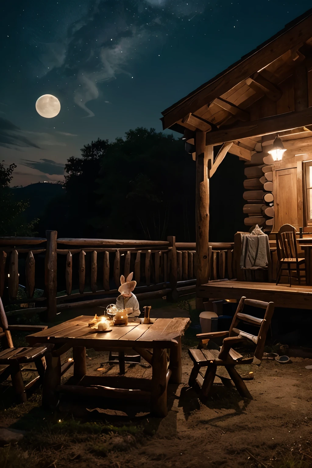 night,Sky,Star,moon,Log Cabin,,rabbit,little boyn屋顶,rabbit在little boy旁边