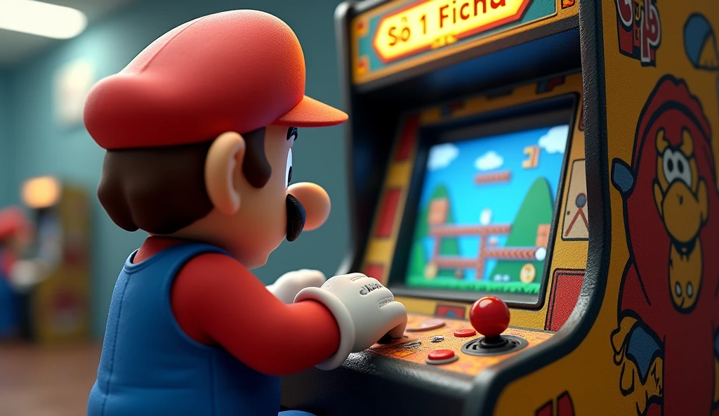 Mario near view playing on arcade from label Só 1 Ficha  on screen of arcade has a label Só 1 Ficha