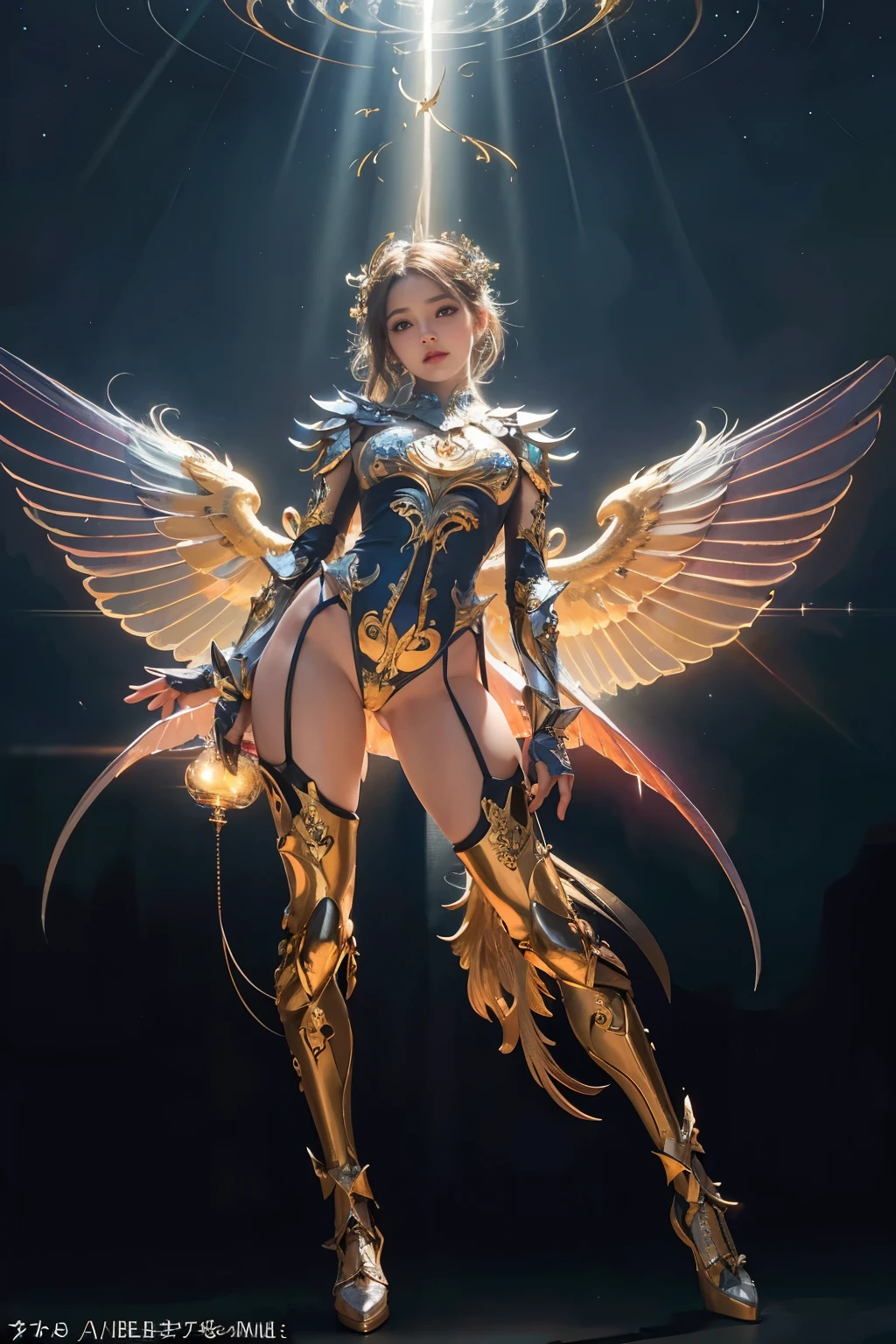 (best quality, masterpiece, colorful, dynamic angle, from below, highest detailed)upper body photo, full body photo, fashion photography of cute mechangel, glowing 4 wings, solo, glowing armor, glowing halo, building, glowing mechanical 4 wings (intricate details, hyperdetailed:1.15), detailed, light passing through hair, (official art, extreme detailed, highest detailed), HDR+