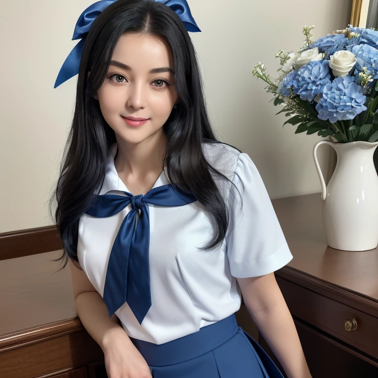 masterpiece, top quality, a high resolution, very detailed, detailed background,(Fraulem Chrome, (black hair, semi-long hair, Blue ribbon in the tail),(a white blouse, Blue tie with short ribbon, Blue long skirt), small, careful, black eyes,studying, gentle smile), scale, Chic office, a vase