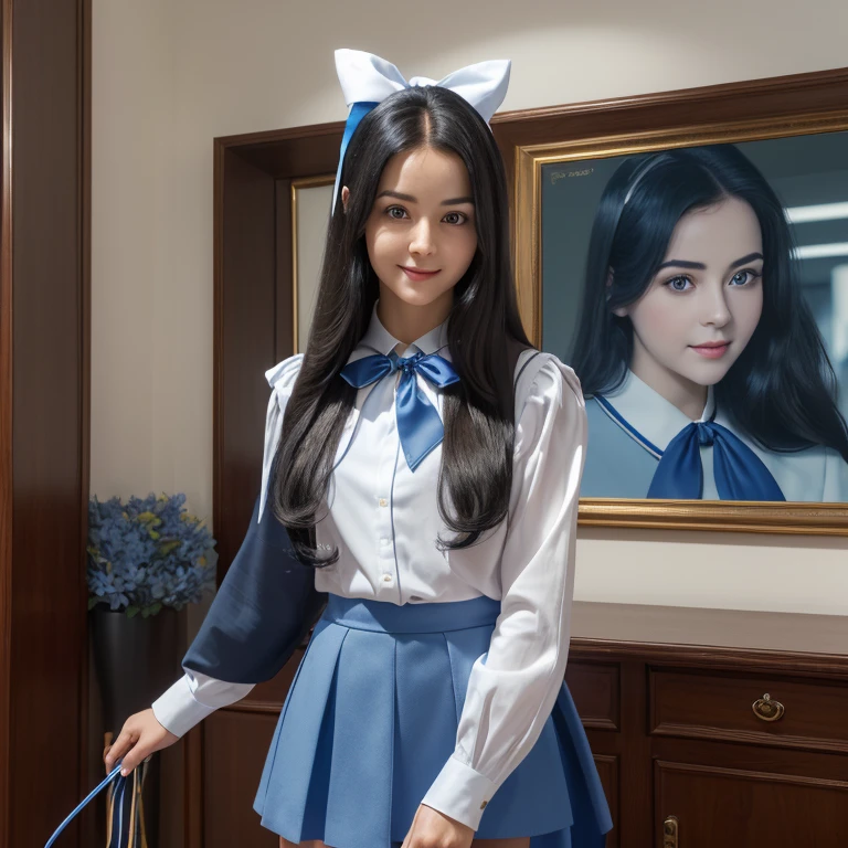 masterpiece, top quality, a high resolution, very detailed, detailed background,(Fraulem Chrome, (black hair, semi-long hair, Blue ribbon in the tail),(a white blouse, Blue tie with short ribbon, Blue long skirt), small, careful, black eyes,studying, gentle smile), scale, Chic office, a vase