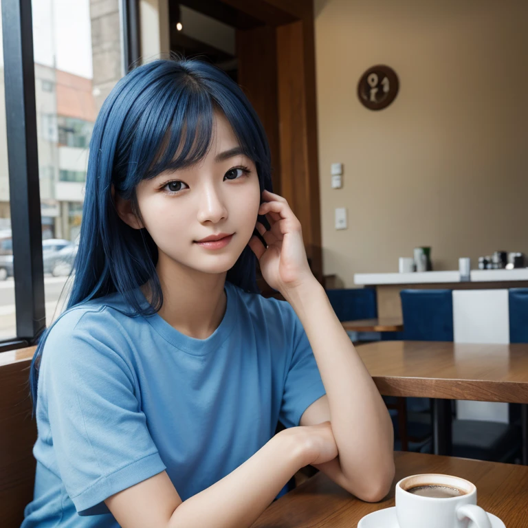 Photo of Korean woman Ligahyeon in a cafe, sitting at the table and holding sunlight from the window with coffee in her hands, blue hair, dynamic pose, skin texture, pale skin, Shiny skin, (slim, small:1.2), [:(sharp focus on the face, detailed face, Perfect eyes, I look at the viewer:1.2):0.2], photorealistic, granularity, Best quality, masterpiece 