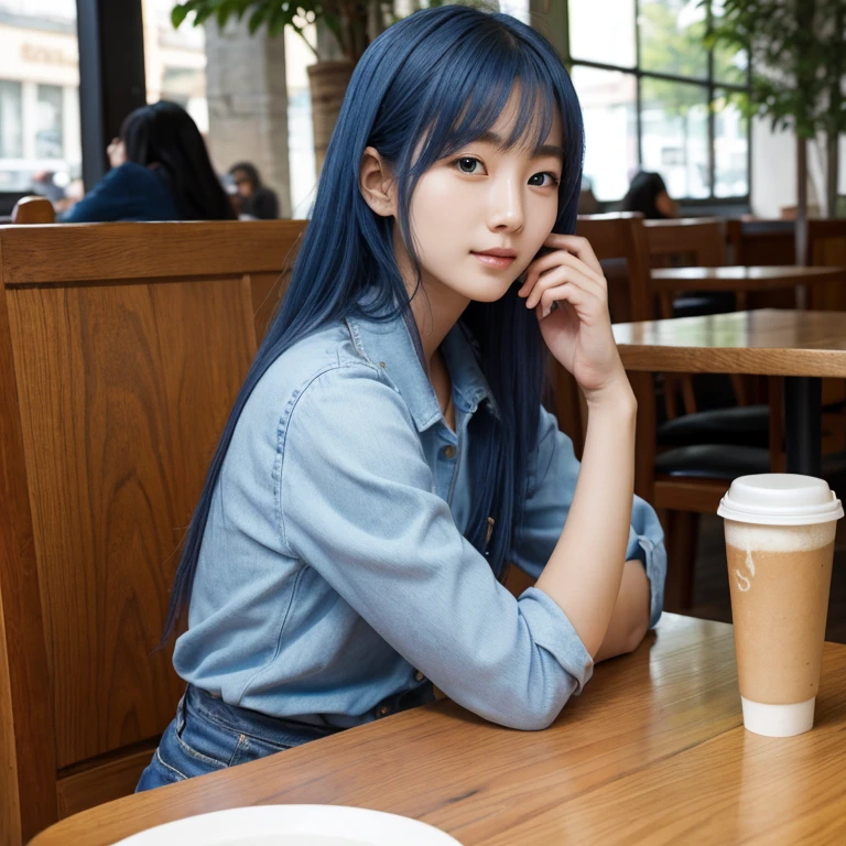 Photo of Korean woman Ligahyeon in a cafe, sitting at the table and holding sunlight from the window with coffee in her hands, blue hair, dynamic pose, skin texture, pale skin, Shiny skin, (slim, small:1.2), [:(sharp focus on the face, detailed face, Perfect eyes, I look at the viewer:1.2):0.2], photorealistic, granularity, Best quality, masterpiece 