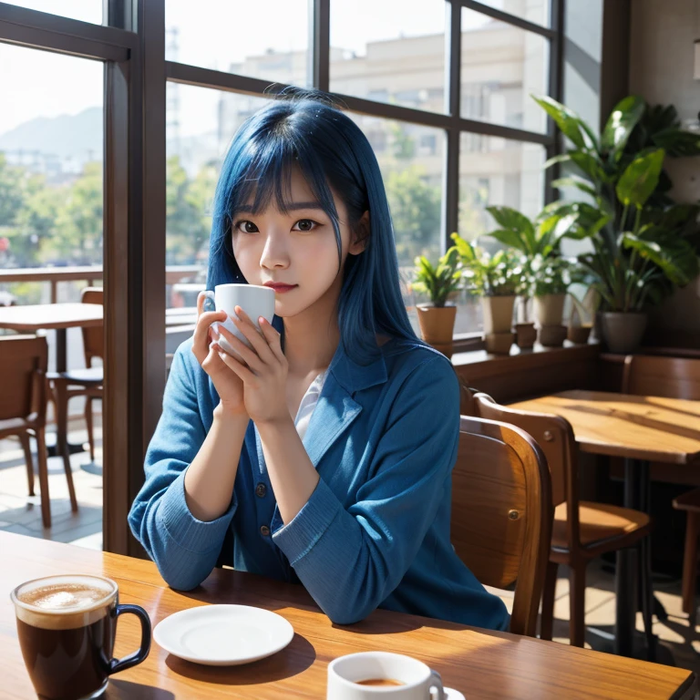 Photo of Korean woman Ligahyeon in a cafe, sitting at the table and holding sunlight from the window with coffee in her hands, blue hair, dynamic pose, skin texture, pale skin, Shiny skin, (slim, small:1.2), [:(sharp focus on the face, detailed face, Perfect eyes, I look at the viewer:1.2):0.2], photorealistic, granularity, Best quality, masterpiece 