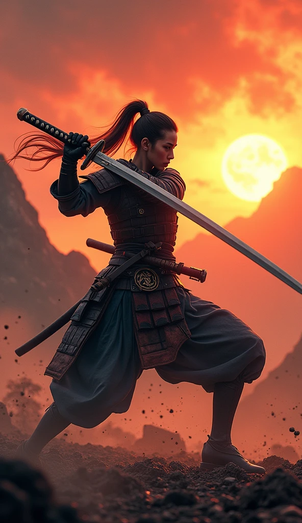 ((Japan Female Samurai),battlefield,Dynamic pose,Long sword,armor,Burning sky,Mountain Background,Crazy Details,Intricate details,High resolution,8k,((Anatomically correct))