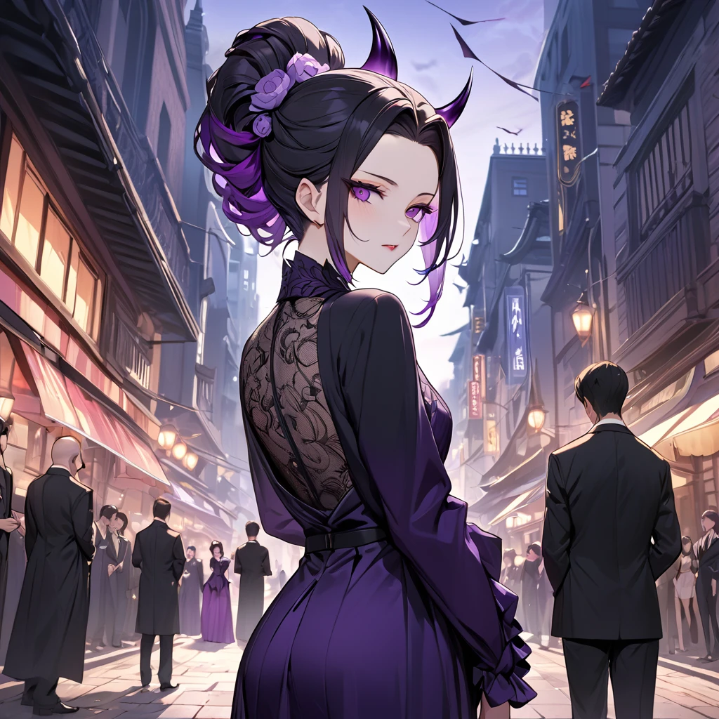 ((Highest quality)), ((masterpiece)), (detailed), (Perfect Face)、The demon woman is Shinobu Kochou, with black bob hair with purple gradation at the ends, styled in a formal evening hairstyle.、Women are evil man-eaters、City of night