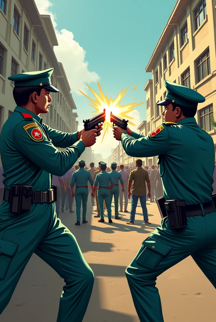 Bangladesh Police wearing Bangladesh petrol color police uniform and guards shooting students like birds protecting Bangladesh 