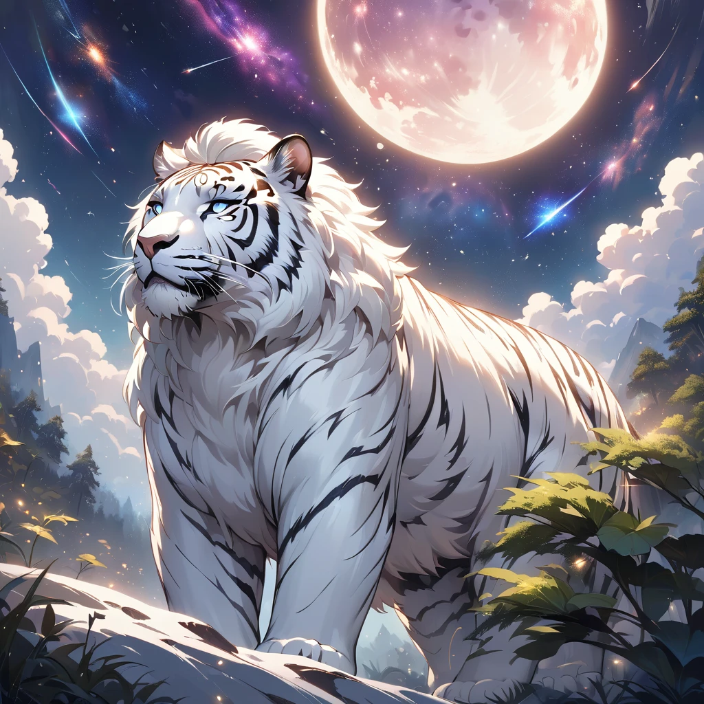 extensive landscape photography (a view from below showing the sky above and an open forest below), beautiful detailed Hindu goddess Durga, riding a fierce white tiger, standing looking at the landscape, full fur, magical fur (light particle around the white tiger), magic particle, magical fur (long and bushy), night setting, (full moon: 1.2), (shooting stars: 0.9), (nebula: 1.3), (warm light source: 1.2), (firefly: 1.2), (snowflake: 1.0), (snow on tree) (masterpiece: 1.2), (best quality), ultra detailed, (dynamic composition: 1.4), very detailed and colorful details, (iridescent colors: 1.2), (bright lighting, ambient lighting), dreamy, magical, (alone: ​​1.2), clean color palette