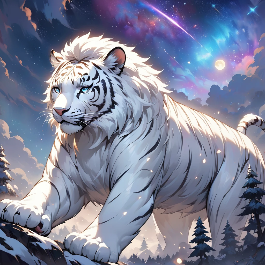 extensive landscape photography (a view from below showing the sky above and an open forest below), beautiful detailed Hindu goddess Durga, riding a fierce white tiger, standing looking at the landscape, full fur, magical fur (light particle around the white tiger), magic particle, magical fur (long and bushy), night setting, (full moon: 1.2), (shooting stars: 0.9), (nebula: 1.3), (warm light source: 1.2), (firefly: 1.2), (snowflake: 1.0), (snow on tree) (masterpiece: 1.2), (best quality), ultra detailed, (dynamic composition: 1.4), very detailed and colorful details, (iridescent colors: 1.2), (bright lighting, ambient lighting), dreamy, magical, (alone: 1.2), clean color palette