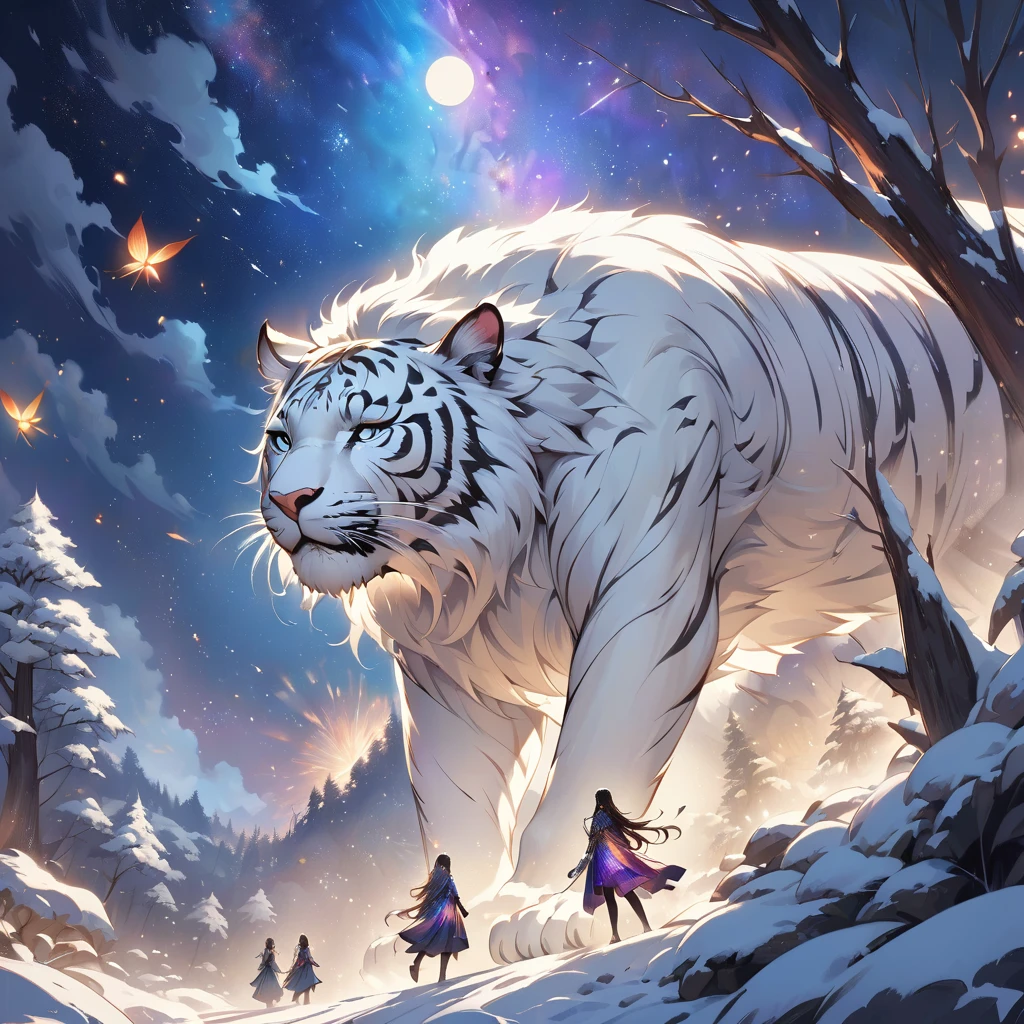 extensive landscape photography (a view from below showing the sky above and an open forest below), beautiful detailed Hindu goddess Durga, riding a fierce white tiger, standing looking at the landscape, full fur, magical fur (light particle around the white tiger), magic particle, magical fur (long and bushy), night setting, (full moon: 1.2), (shooting stars: 0.9), (nebula: 1.3), (warm light source: 1.2), (firefly: 1.2), (snowflake: 1.0), (snow on tree) (masterpiece: 1.2), (best quality), ultra detailed, (dynamic composition: 1.4), very detailed and colorful details, (iridescent colors: 1.2), (bright lighting, ambient lighting), dreamy, magical, (alone: 1.2), clean color palette