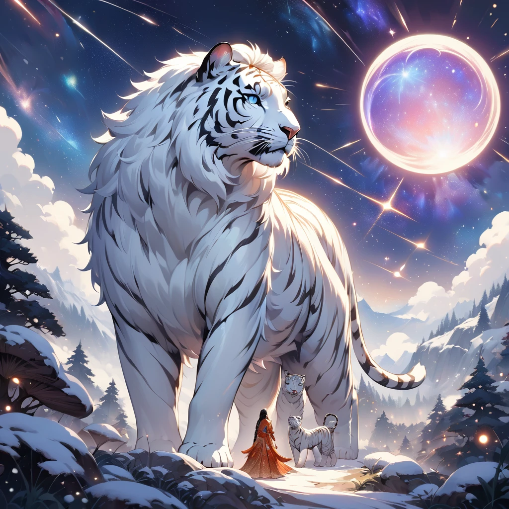 extensive landscape photography (a view from below showing the sky above and an open forest below), beautiful detailed Hindu goddess Durga, riding a fierce white tiger, standing looking at the landscape, full fur, magical fur (light particle around the white tiger), magic particle, magical fur (long and bushy), night setting, (full moon: 1.2), (shooting stars: 0.9), (nebula: 1.3), (warm light source: 1.2), (firefly: 1.2), (snowflake: 1.0), (snow on tree) (masterpiece: 1.2), (best quality), ultra detailed, (dynamic composition: 1.4), very detailed and colorful details, (iridescent colors: 1.2), (bright lighting, ambient lighting), dreamy, magical, (alone: ​​1.2), clean color palette