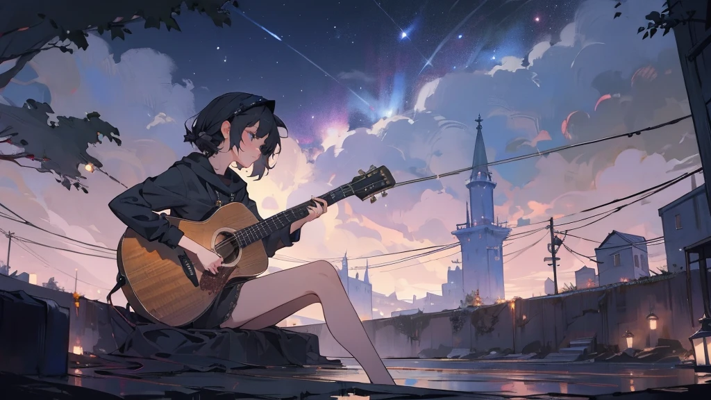 masterpiece,night,(dark alley),star、Night Sky、milky way、octone、
(1. Female), (solo), Knee hugging sitting,acousticguitar