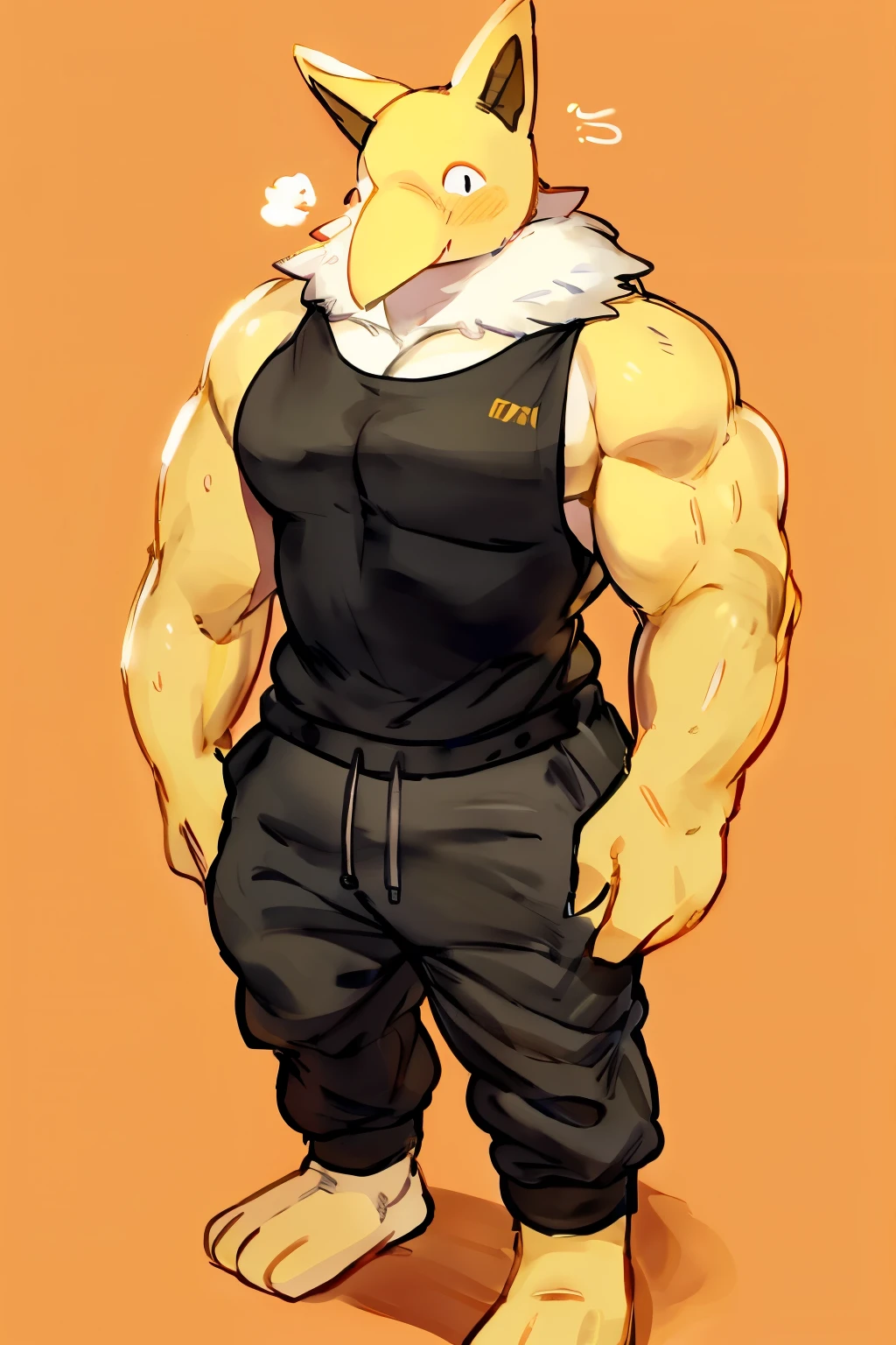 Furry, Anthro, solo, Hypno, Male, (((muscular body, massive thighs, massive male pectorals, yellow skin, fluffy neck, wearing white fur around neck, hand on head))), ((((massive biceps)))), ((((((massive bulky torso, wearing black tanktop, wearing black sweatpants, barefoot, wide-eyed, head tilted)))))), full body, black/yellow spraypainted background, by buta99, by zackary911, by bebebebebe, (((digital painting)))