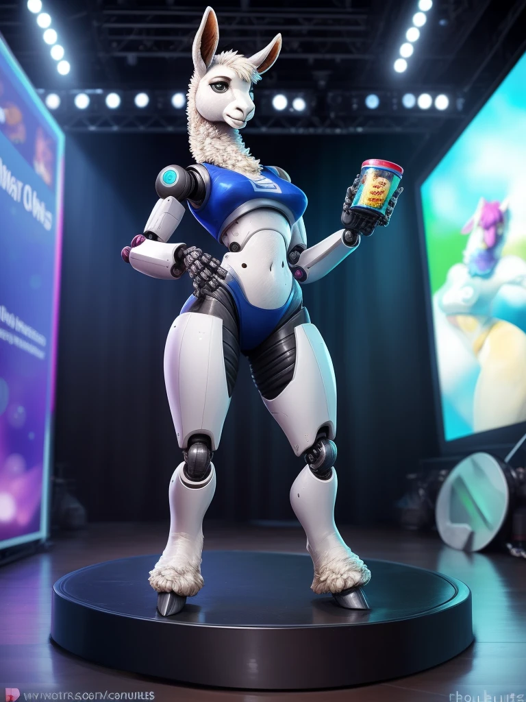3d, (bastika, cutesexyrobutts, hioshiru), female, solo, (anthro, furry), llama , white fur , robotic white ,Facebook logo , WhatsApp robot ,standing , product presentation , modern stage , cibernetic background , frontal view