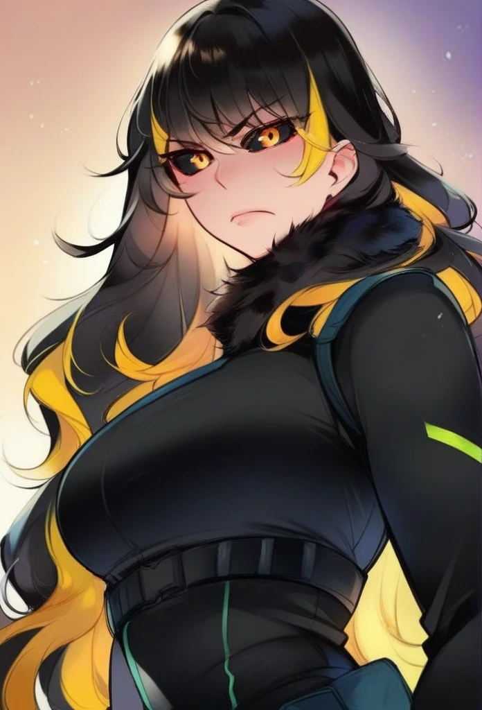 juder_style, score_9, score_8_up, score_7_up, score_6_up, score_5_up, score_4_up, hd, (ultra hd quality details), 8K, 1girl, long hair, Hourglass body, yellow eyes, black hair, yellow highlights, 2d illustration, wavy hair, serious face, combat, black sclera, fur neck, deep neckline
