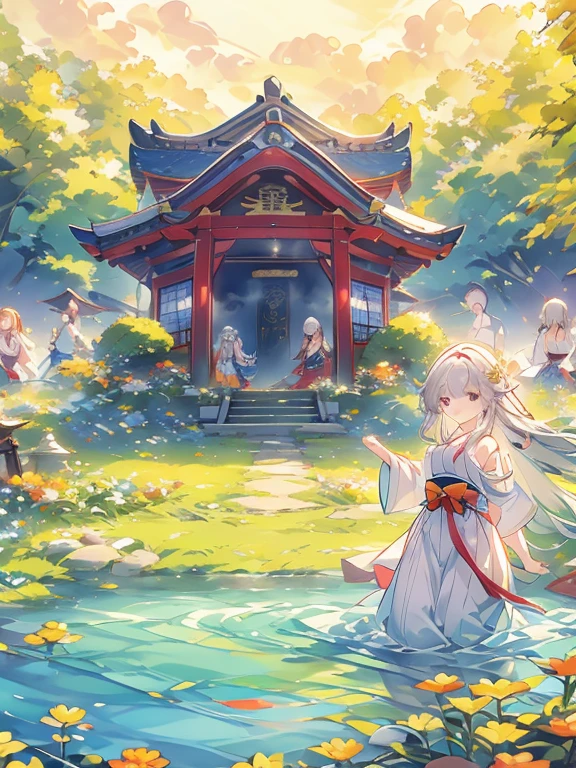 ((Highest quality)), ((masterpiece))、Small breasts are justice、background（Magnificent View）、View from afar、Multiple people、Two women、Two shrine maidens、Dance、prayer、Uplifting、Guidance、(Blue and silver long hair、Blue-green eyes)、(Scarlet long hair、Orange eyes)、Miko costume、Hakama、morning haze、shrine、anime