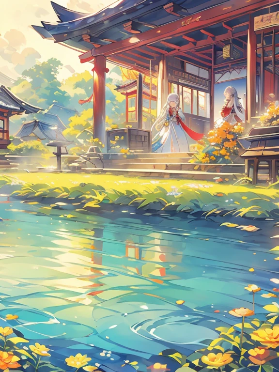 ((Highest quality)), ((masterpiece))、Small breasts are justice、background(Magnificent View)、View from afar、Multiple people、Two women、Two shrine maidens、Dance、prayer、Uplifting、Guidance、(Blue and silver long hair、Blue-green eyes)、(Scarlet long hair、Orange eyes)、Miko costume、Hakama、morning haze、shrine、anime
