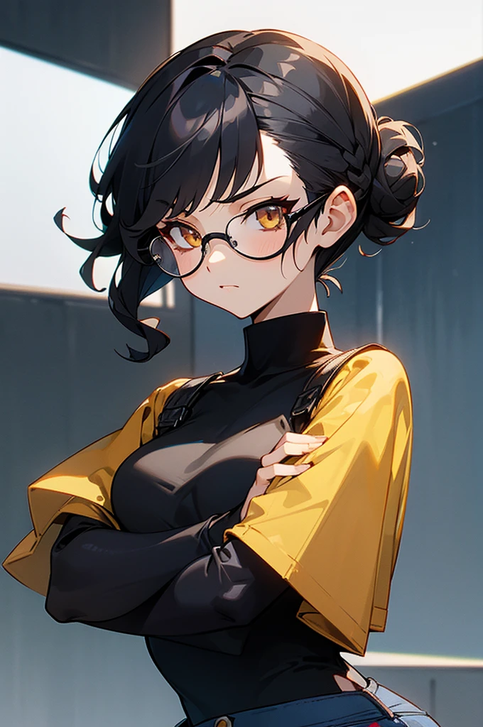 1female , undercut hair , wavy hair ,short hair, black Hair , golden Eyes , lean build ,teen female , Serious Expression , Modern City Background , modern city background, upper body, black shirt, arm, black arm sleeves, big red S symbol, blue jeans, glasses, hair in a bun