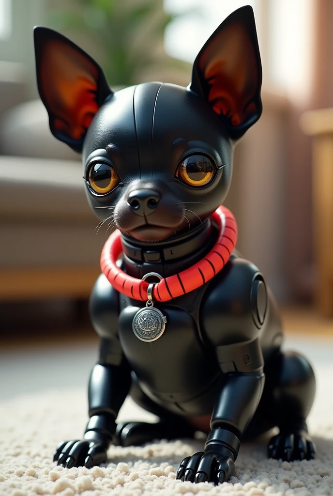 A Hyperrealism, full body close-up shot of a robotically enhanced Chihuahua, its adorable black head with big golden eyes and a sweet expression, perched atop a sleek black metallic body with silver accents thick neon red dog color around the neck with a digital dog tag that is red with gleaming robotic legs but realistic black paws. playing on the carpeted floor in a living room, The stark contrast between organic and synthetic features creates an intriguing visual dichotomy, inviting the viewer to ponder the intersection of technology and cuteness, retina, accurate, masterpiece, super detail, high details, best quality, award winning, highres, HD, 4K, 8k, 16k, realistic