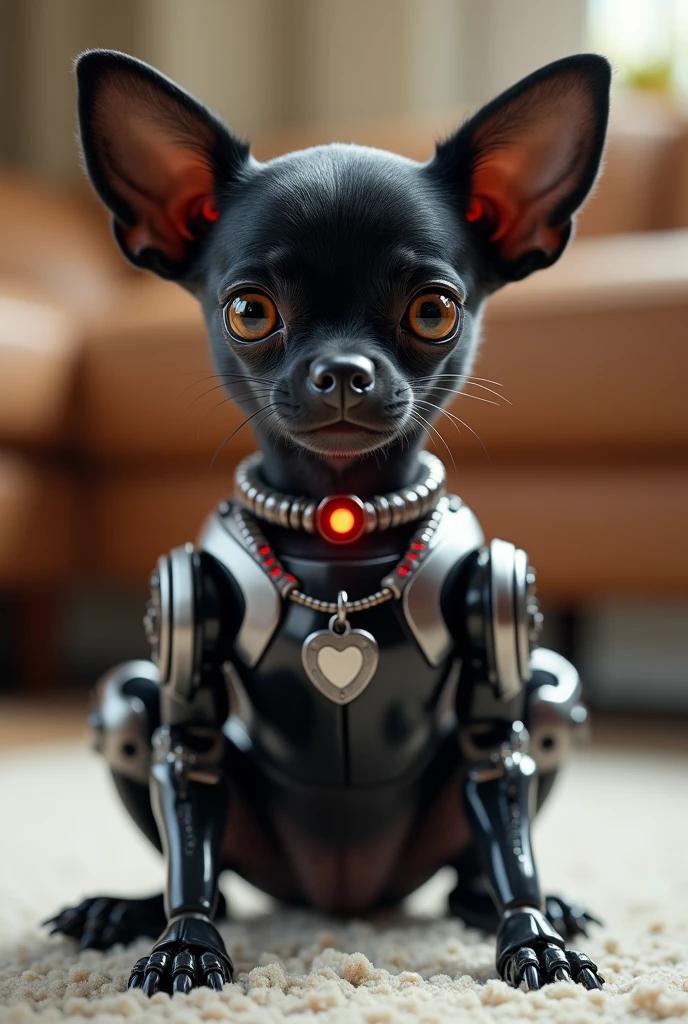 A   Hyperrealism, full body close-up shot of a robotically enhanced Chihuahua, its adorable black head with big golden eyes and a sweet expression, perched atop a sleek black metallic body with silver accents thick neon red dog color around the neck with a digital dog tag that is red with gleaming robotic legs but realistic black paws. playing on the carpeted floor in a living room, The stark contrast between organic and synthetic features creates an intriguing visual dichotomy, inviting the viewer to ponder the intersection of technology and cuteness, retina, accurate, masterpiece, super detail, high details, best quality, award winning, highres, HD, 4K, 8k, 16k, realistic