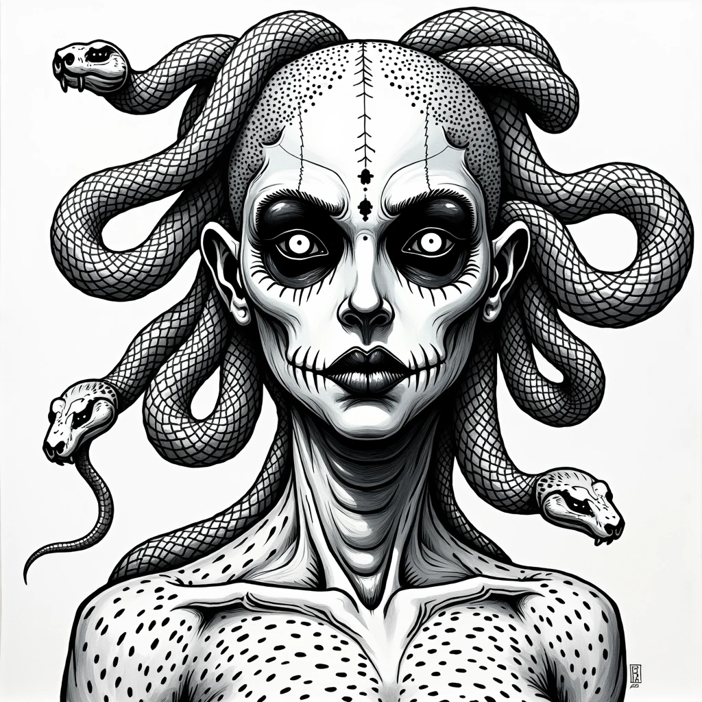 ((Medusa, gorgoneion, (face, ornate black metal ?????? paint, resembles Grace Jones), hairless, snakes on head, morphology anatomy drawn Frederic Delavier musculature anatomical illustration, snake skin dress, (body, Naga, snakefolk, lower body snake tail, snake woman hybrid, bald, skeleton, snake skin tattoos, piercing eyes, snake pupils, living snakes on head, snake-hair, serpent-hair over the shoulder) )), no light source, darkness, abyss, (horror, abstract, surreal, body, cosmic), ((splash page comic cover art, ink style figure, (expressive Joelle Jones and "Sean Gordon Murphy" comic drawing), void, no visibility darkness, wordless, (background, pine barrens, entropy, rewilding, magic hour sunset, galaxy stars, cosmos), cinematic poster, full length portrait, candid, (Gerardo Zaffino charcoal), (colors, bleak muted deep fiery radiant glowing ROYGBIV, forest green, earth brown, subliminal orchids, nyctophobia, silhouette, double exposure, image within image, craftsmanship nuance, unfinished expressive rough-sketch ))


