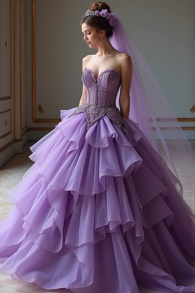 A big, puffy skirt that fans out into a voluminous shape like a peacock's tail, with lots of layers and multiple petticoats for extra volume on top of that. Some small amethyst coloured crystal-encrusted flowers as a brooch, and a long, long veil with lace trim that trails along the floor (add some amethyst coloured flowers across the dress add a Tiara with crystal and amethyst and some other accessories to match the colour theme