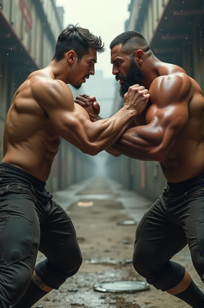 Young muscular white man leggings bulg fights against muscular Jew