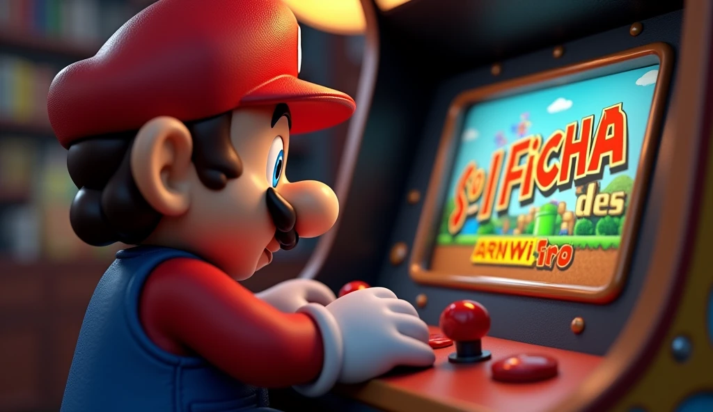 Mario near view playing on arcade from label Só 1 Ficha on screen of arcade has a label Só 1 Ficha