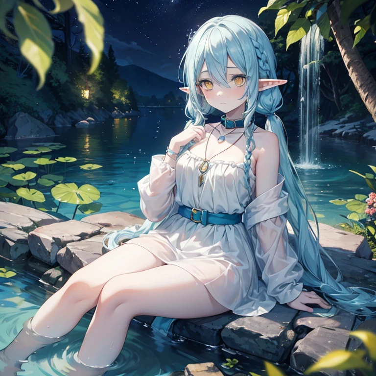 elf, light blue hair, long braided pigtail, yellow eyes, , teen girl, small breast, elf girl, floral necklace, shy face, pale skin, bathing in the lake at night