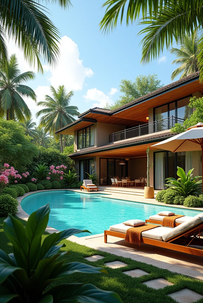 Beautiful tropical house , garden flower swimming pool and sunbeds 
