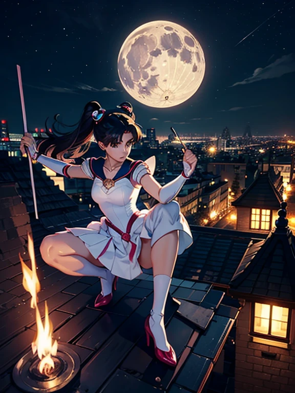 Sailor Moon (moon princess magical girl form) doing katas on a rooftop, preparing for a battle with a creature of darkness, moonlit night