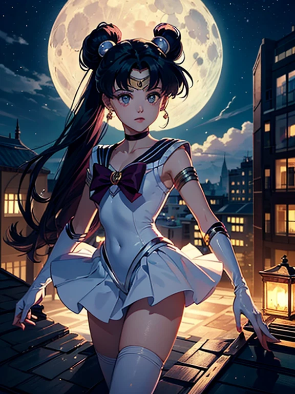Sailor Moon (moon princess magical girl form) doing katas on a rooftop, preparing for a battle with a creature of darkness, moonlit night