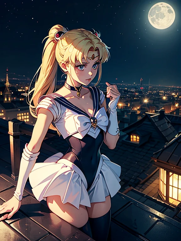 Sailor Moon (moon princess magical girl form) doing katas on a rooftop, preparing for a battle with a creature of darkness, moonlit night