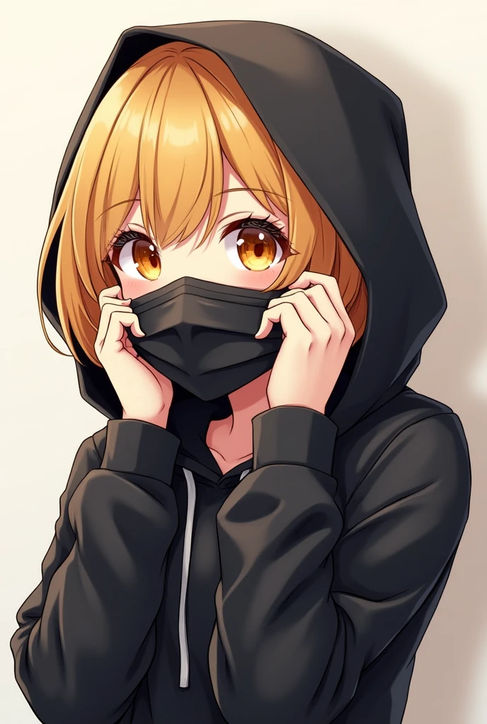 Beautiful youth, Blonde, Orange eyes, short hair, Black Mask, The palm of your shoulder covers your eyes, Black hoodie, Wear a hood,high quality, Draw Amount, Pixiv illustration