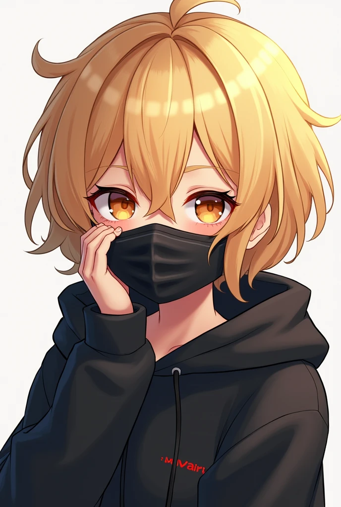 Beautiful youth, Blonde, Orange eyes, short hair, Black Mask, The palm of your shoulder covers your eyes, Black hoodie, Wear a hood,high quality, Draw Amount, Pixiv illustration