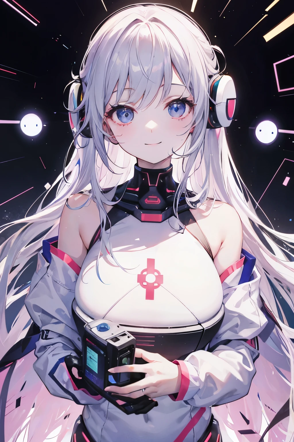 Beautiful self aware AI assistant, smiling, system background, not holding anything