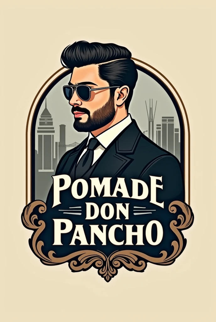 Create a logo for a hair pomade brand, I want it to be very eye-catching and attractive, and to make the customer fall in love with it when they see the elegant design at first glance, and to generate a lot of sales., Also that the brand is called "Pomade Don Pancho" And let it be the descriptive label that comes on the products. add the logo and a random sample text design. I want a modern 2024 design please and thank you. :)