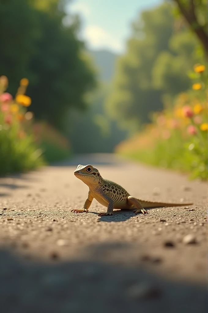 the house lizard crossing the road