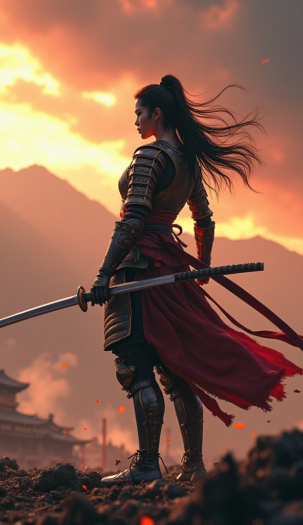 ((Japan Female Samurai),battlefield,,Long sword,armor,Burning sky,Mountain Background,Crazy Details,Intricate details,High resolution,8k,((Anatomically correct))