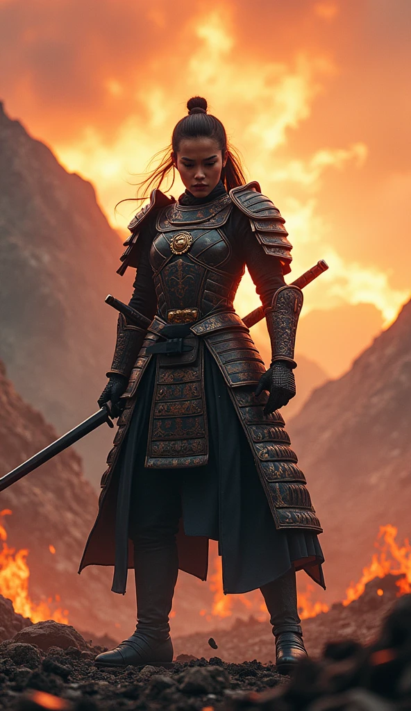 ((Japan Female Samurai),battlefield,,Long sword,armor,Burning sky,Mountain Background,Crazy Details,Intricate details,High resolution,8k,((Anatomically correct))