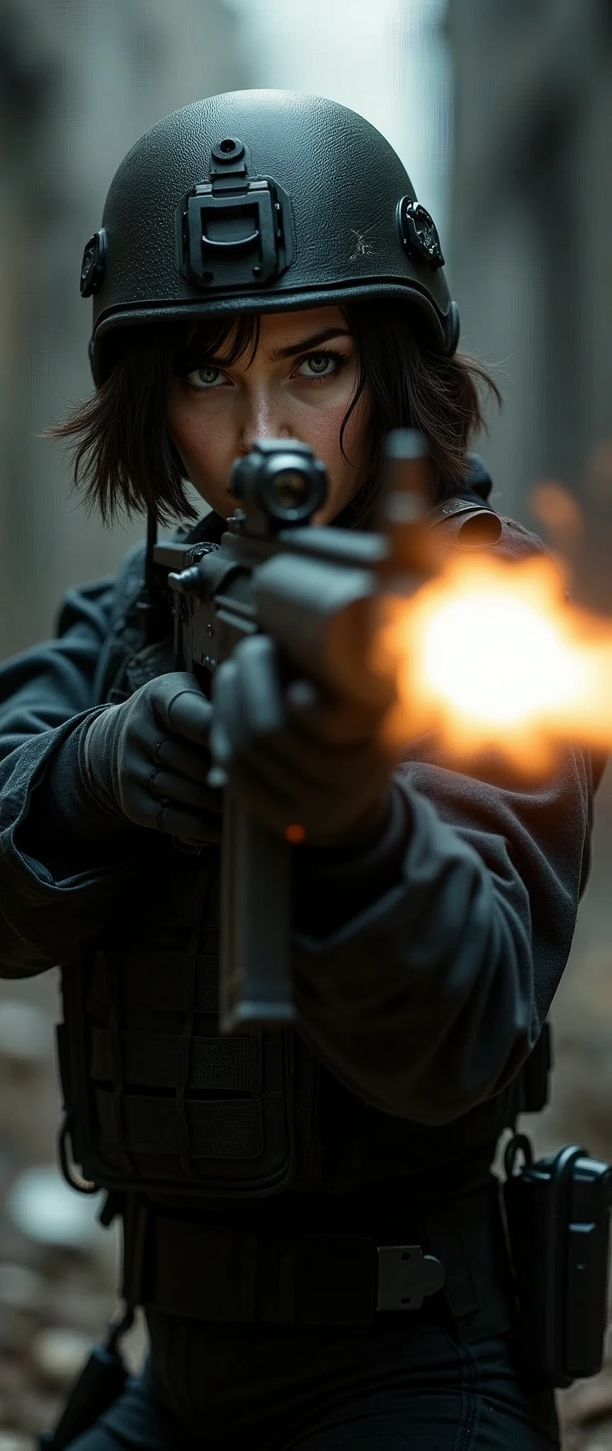 (masterpiece),(Highest quality),(Ultra-high resolution),(Super detailed),(Photorealistic),(One Woman),(Serious:2.0),(Short Bob,Beautiful Eyes,Long eyelashes,Beautiful Hair,Beautiful Skin),(whole body:1.6),BREAK(aim at something with an automatic rifle),(Firing an automatic rifle),(Muzzle Flash:2.0),((SWAT Uniforms,Black bulletproof vest, Combat Boots, Black Tactical Forster,Tactical Headset,Tactical Helmet)),(The background is a dark ruin:1.6),(in battle:2.0),(((Background Blur))),(Detailed hands)