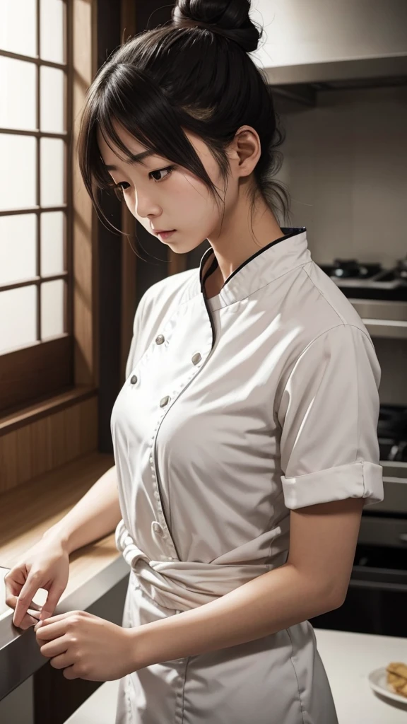 Young Japanese women, chef, hiar tied into a messy bun, sad eyes, tight messy clothes, no bra under her shirt, exhausted 