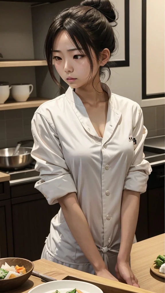 Young Japanese women, chef, hiar tied into a messy bun, sad eyes, tight messy clothes, no bra under her shirt, exhausted 