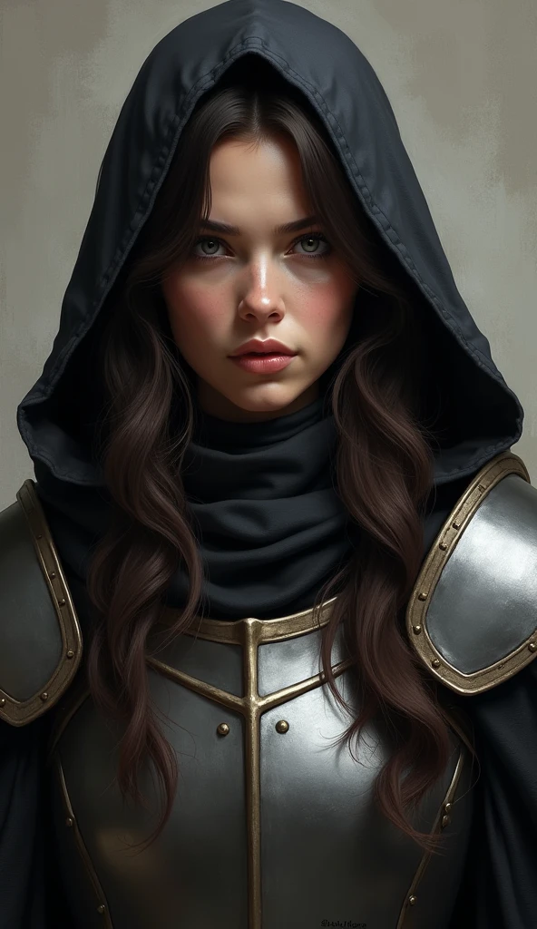 A woman knight with a deep brown hair and wearing a black hood portrait