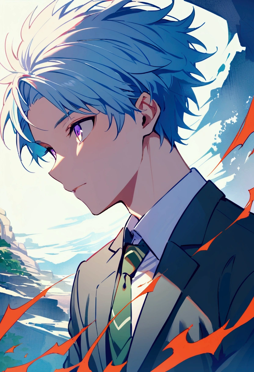 Hajime is a boy a little shorter than average., with an average build. He has chin-length light blue hair., cut in a straight line above the jaw. He has light lilac eyes. He wears the school uniform with care, with the jacket completely finished.