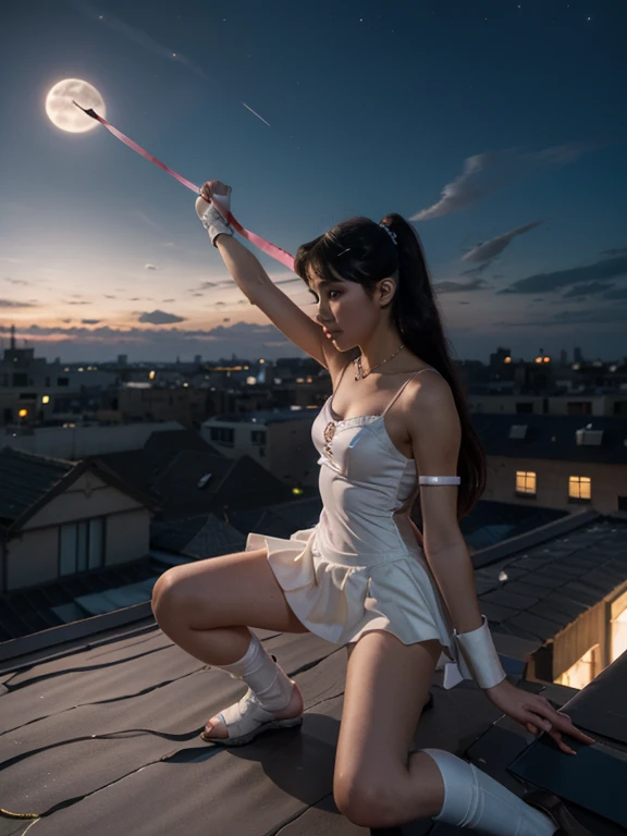 Sailor Moon (moon princess magical girl form) doing katas on a rooftop, preparing for a battle with a creature of darkness, moonlit night
