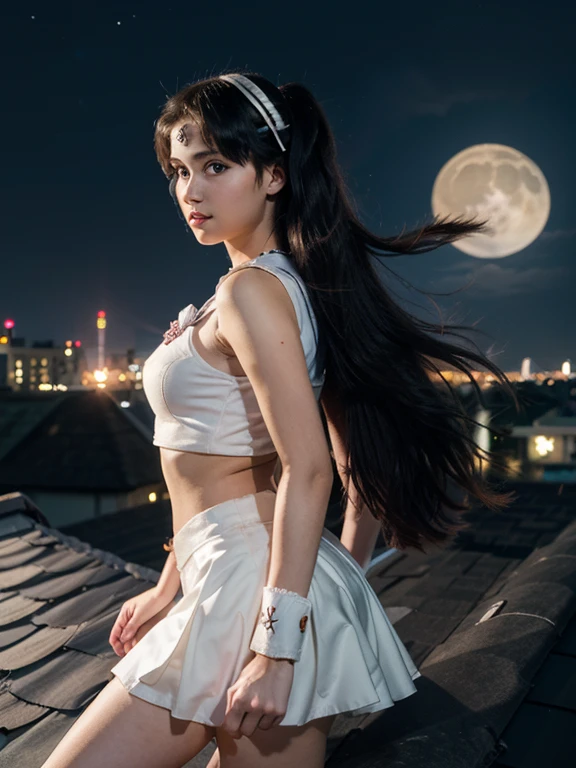 Sailor Moon (moon princess magical girl form) doing katas on a rooftop, preparing for a battle with a creature of darkness, moonlit night
