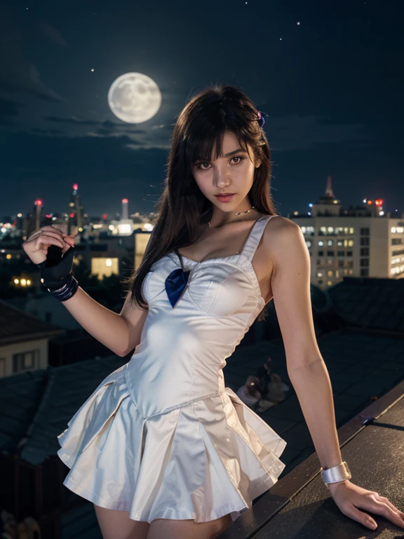 Sailor Moon (moon princess magical girl form) doing katas on a rooftop, preparing for a battle with a creature of darkness, moonlit night