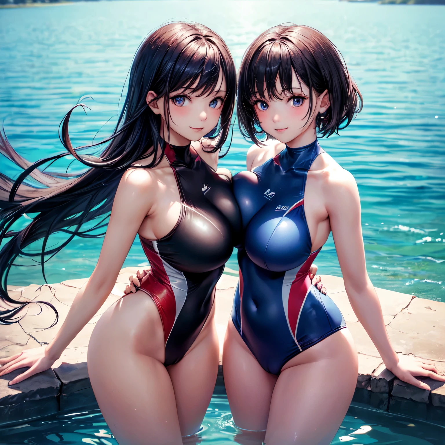 (((masterpiece,best quality,ultra detailed,high resolution))),(daytime,clear weather,front light),looking viewer,((2-girls,
beautiful girls)),(black hair,beautiful hair),(beautiful detailed face,beautiful detailed eyes),(finely detailed skin,fair skin),slender,light smile,shy,(one-piece competition swimsuits),(in the beautiful lake,beautiful sky),((cowboy shot)),(big breast,perky breast,medium hip),(cameltoe),(symmetrical docking),(leg up),